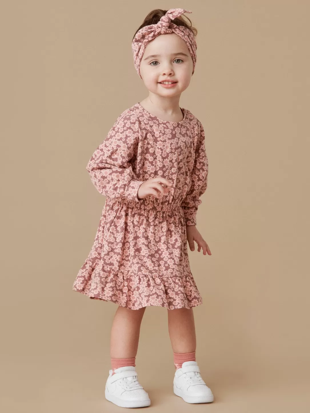 Flower Bear Drop Shoulder Tuck Dress<Huxbaby New